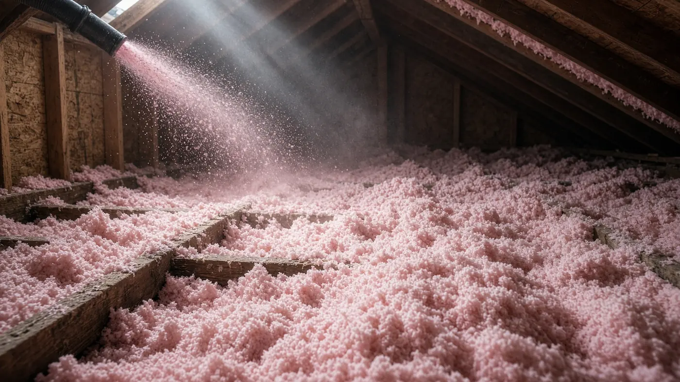 Pink loose-fill fiberglass being blown across attic joists
