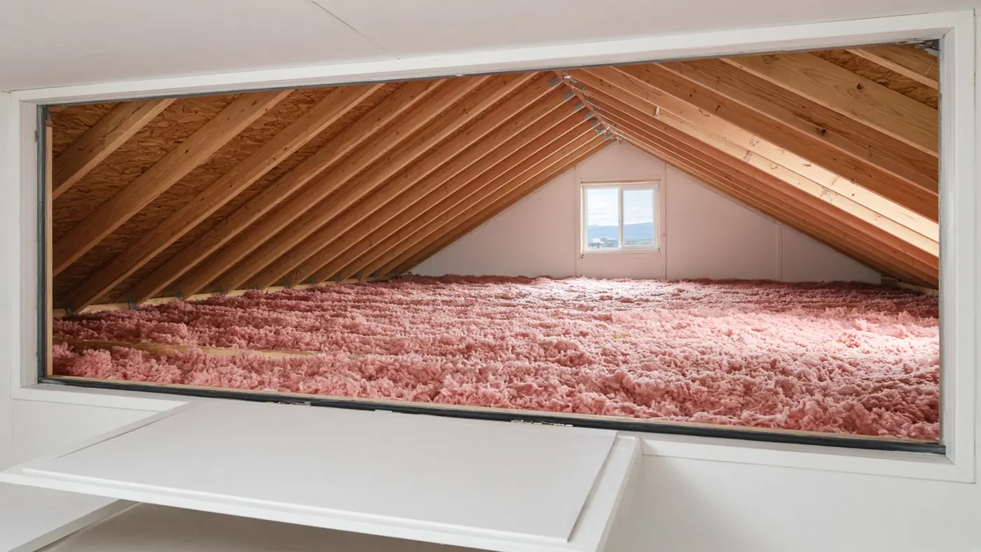 Deep pink insulation burying attic joists, seen from an open hatch