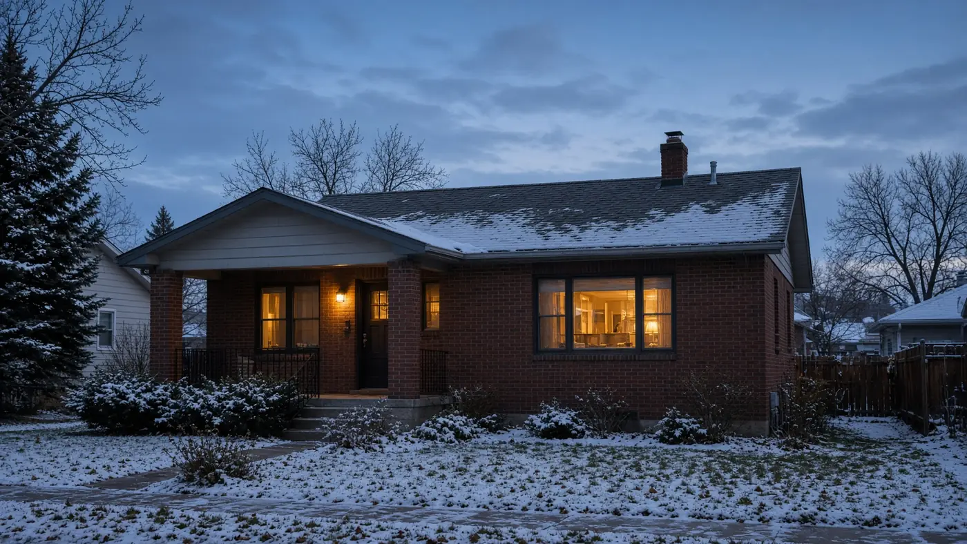 A Denver brick bungalow at dusk with light snow on the roof and warm light in the windows