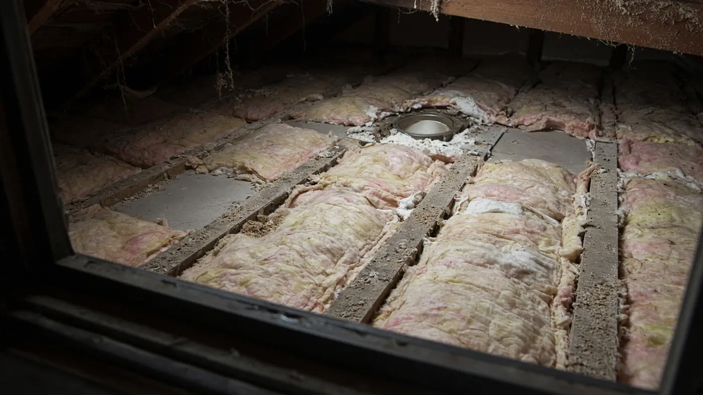 Thin, uneven fiberglass batts in an attic with gaps around a recessed light