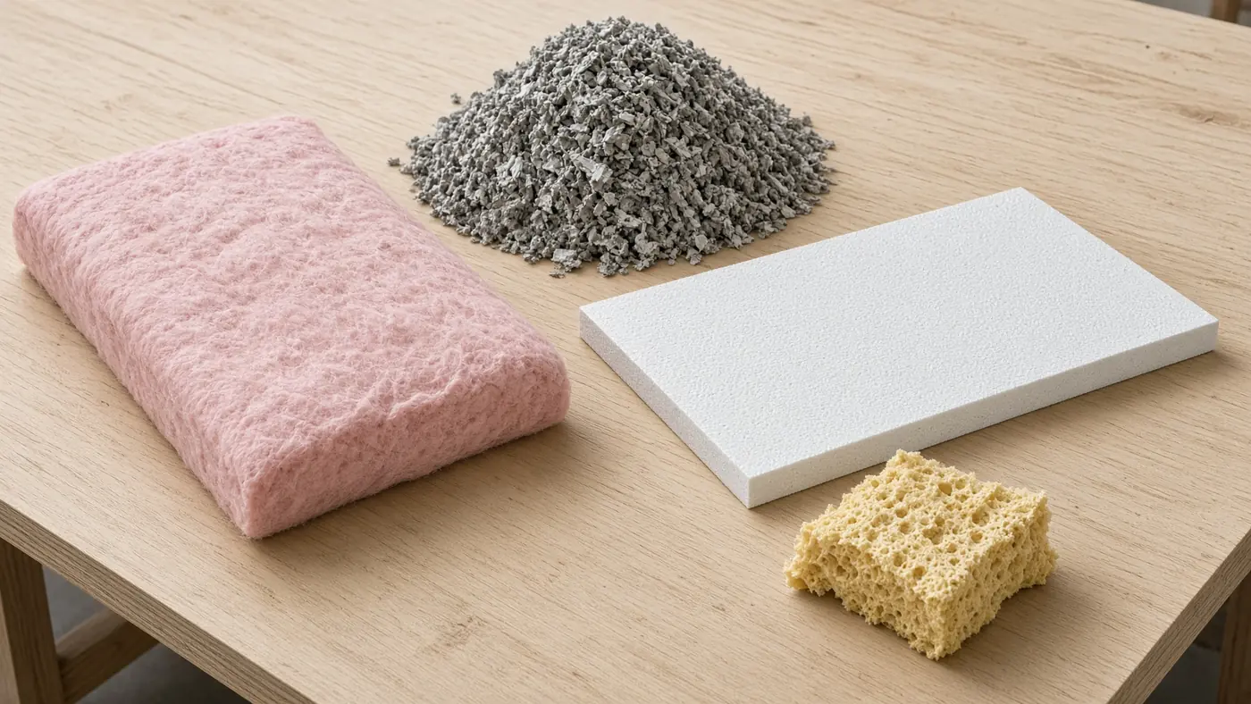 Pink fiberglass, cellulose, foam board, and spray foam laid out on plywood
