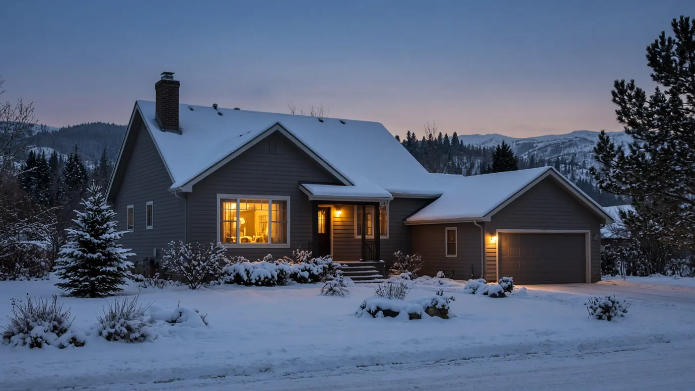 Snow-covered Front Range house at dusk with warm light in the windows