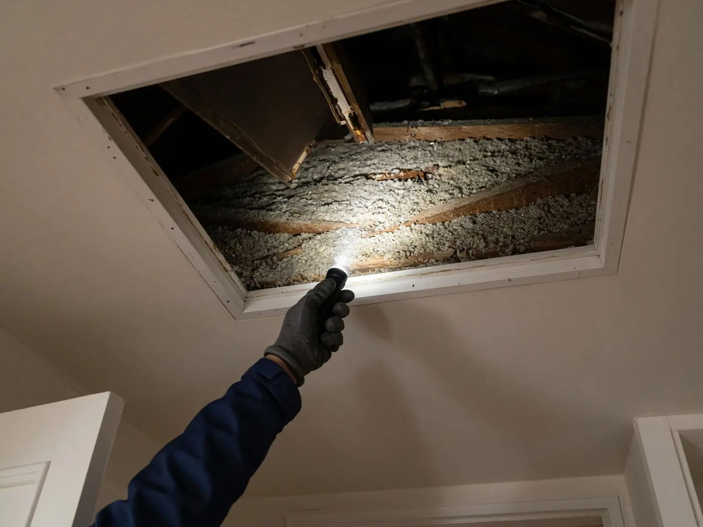 Looking up through an attic hatch at thin settled insulation between joists
