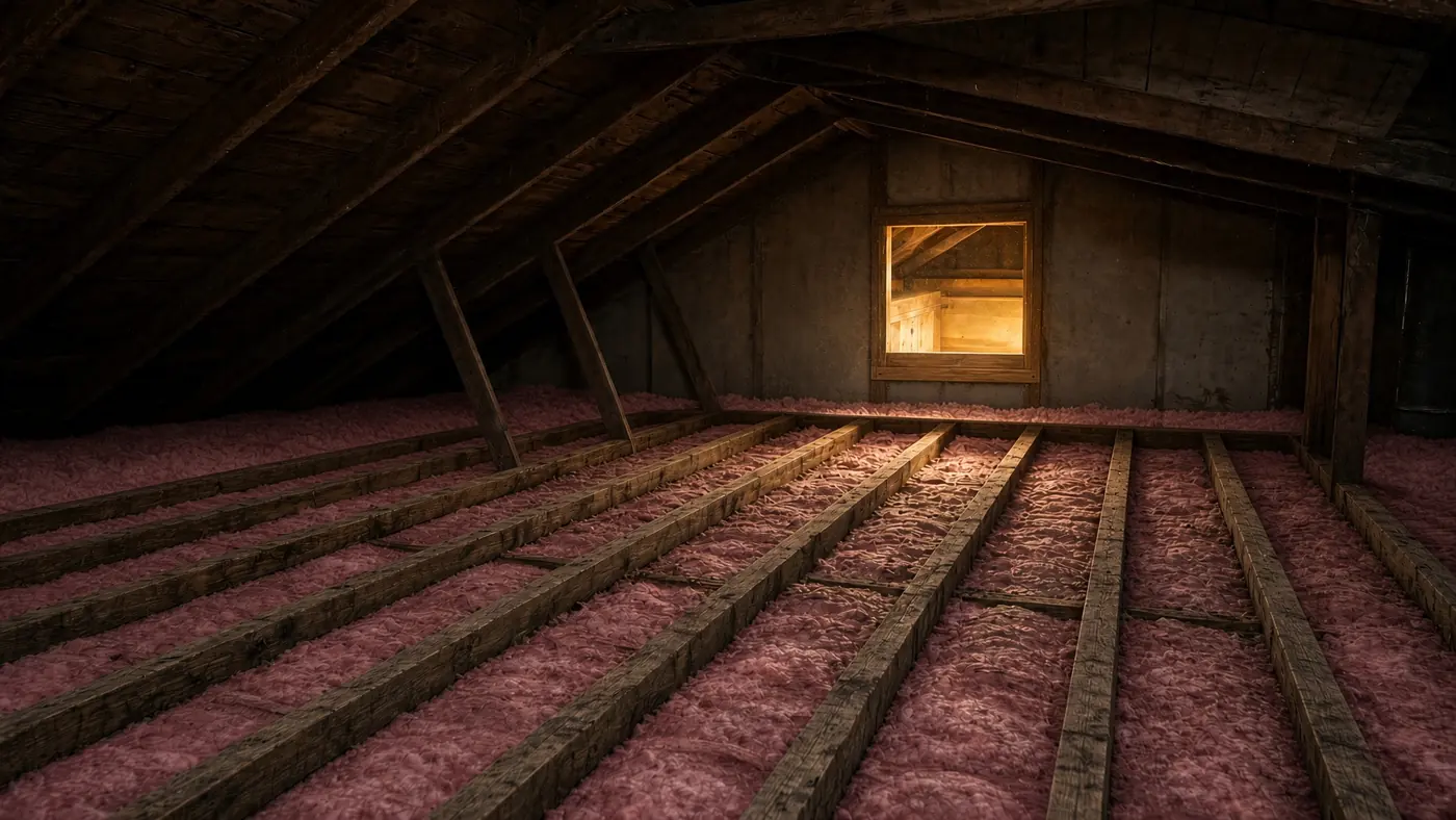 Attic joists standing above a thin, settled layer of old insulation
