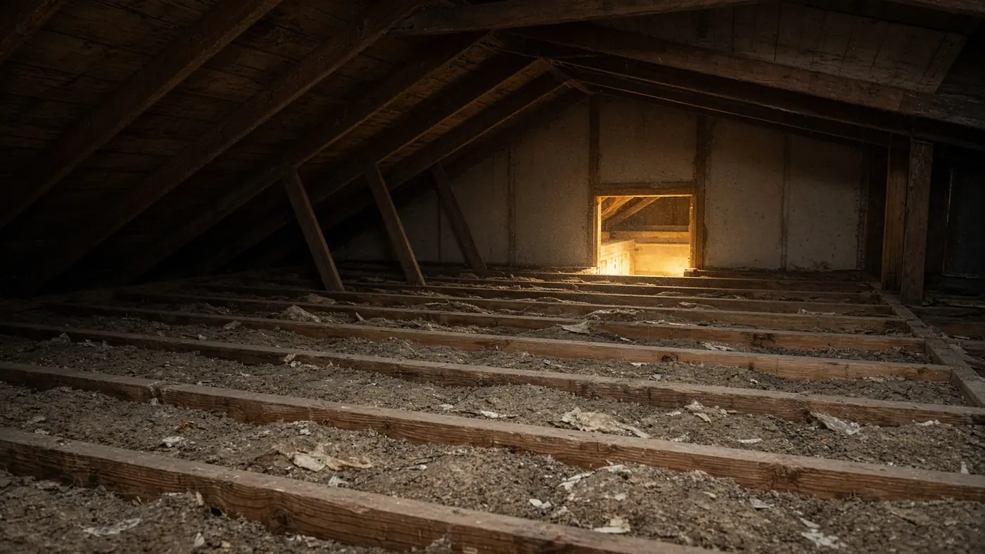 Old attic with insulation settled so thin the wooden joists stand fully exposed